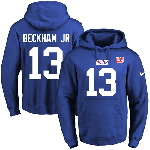 Nike Giants #13 Odell Beckham Jr Royal Blue Name & Number Pullover NFL Hoodie - Click Image to Close